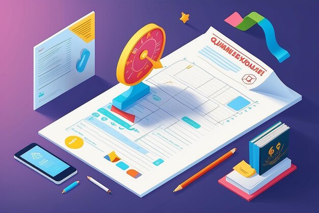 Photo isometric online exam education survey concept