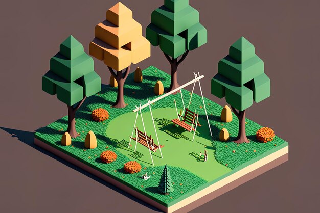 Photo isometric park featuring trees chairs and a swing set