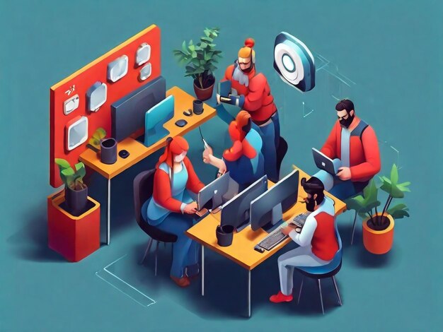 Photo isometric people working with technology