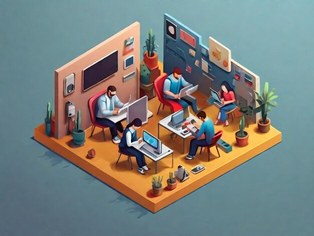 Isometric people working with technology