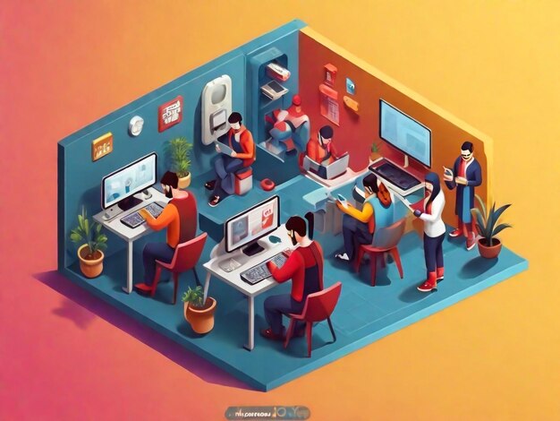 Isometric people working with technology