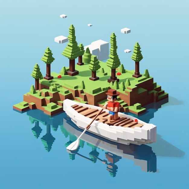 Foto isometric pixel art personaggio di cartone animato nave a vela sull'isola