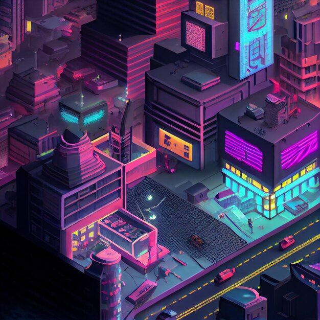 Isometric purple cyberpunk city 3D illustration