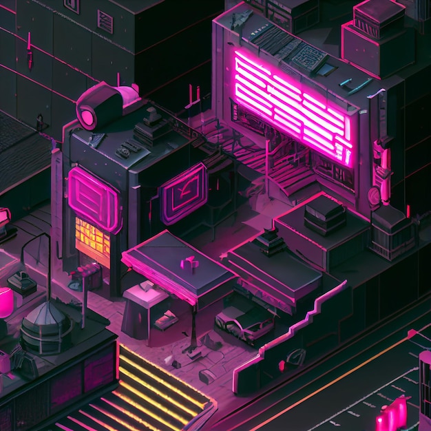 An isometric purple cyberpunk city 3D illustration