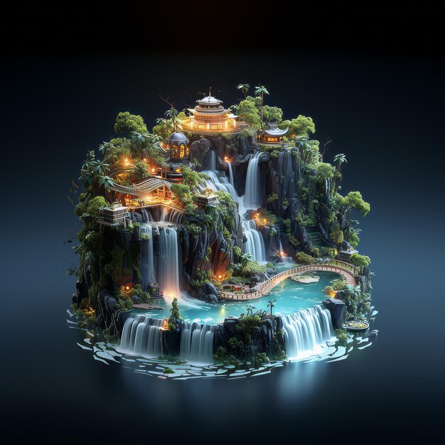 Photo isometric realistic waterfall with cyberpunk style