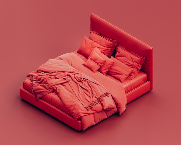 Isometric red bed monochrome crumpled unfinished messy bed in\
red background flat style