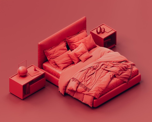 Isometric red color bedroom with crumpled unfinished messy red\
bed monochrome bedroom