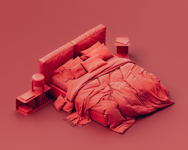 Isometric red color bedroom with crumpled unfinished messy red
bed monochrome bedroom