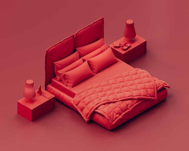 Isometric red color bedroom with crumpled unfinished messy red
bed monochrome red background