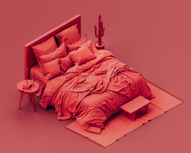 Isometric red color bedroom with crumpled unfinished messy red\
bed monochrome red background