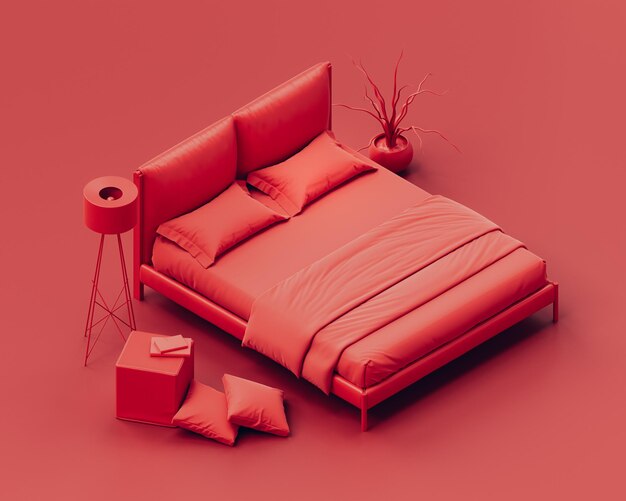 Isometric red color bedroom with red bed monochrome bedroom in\
red background flat style