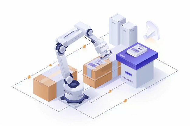 Isometric robot automation composition with robotic arm laser printing assembly line and packaging