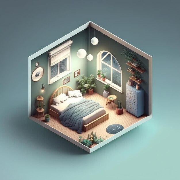 Isometric room design illustration muji style open inside interior architecture 3d rendering digital art