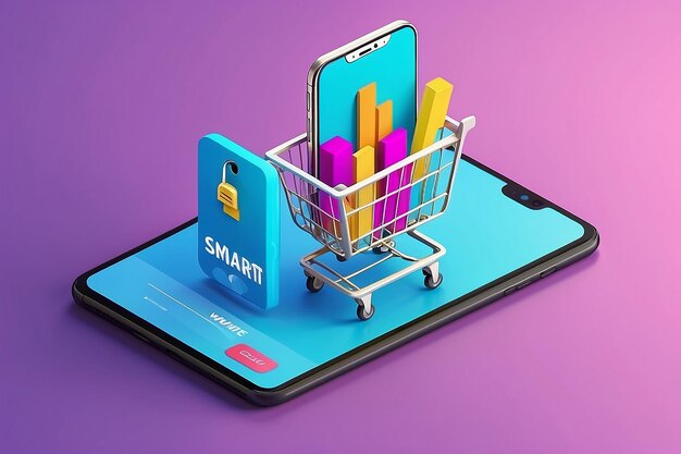 Isometric smart phone online shopping concept online store shopping cart icon ecommerce vector illustration