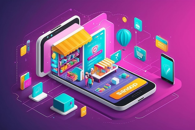 Photo isometric smart smartphone online shopping concept smartphone turned into internet shop mobile marketing and ecommerce vector illustration