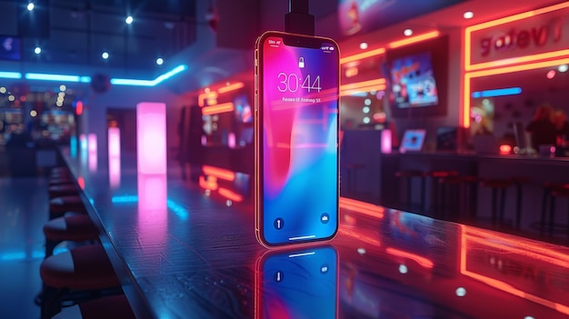 Isometric smartphone with dark screen and glass gradient Phone hanging over dark blue glass desk with neon lighting lines Mockup or template smartphone