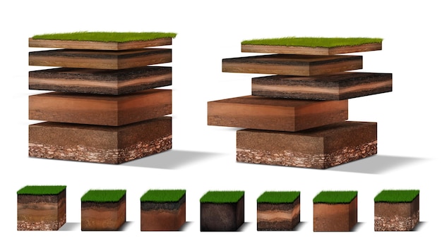 Isometric Soil Layers diagram Cross section of green grass and underground soil layers beneath stratum of organic minerals sand clay Isometric soil layers isolated on white