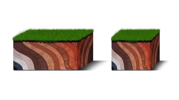 아이소메트릭 토양층 다이어그램 유기 광물 모래 점토 지층 아래에 있는 녹색 풀과 지하 토양층의 단면 흰색으로 격리된 아이소메트릭 토양층