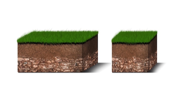 Isometric Soil Layers diagram Cross section of green grass and underground soil layers beneath stratum of organic minerals sand clay Isometric soil layers isolated on white