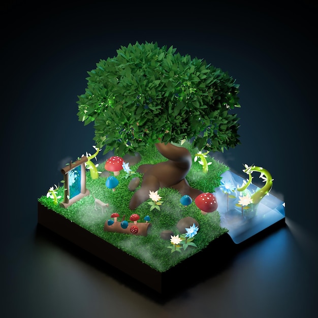 Photo isometric space, little garden, 3d render illustration