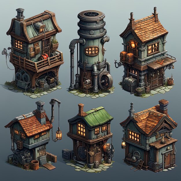 Photo isometric steampunk buildings