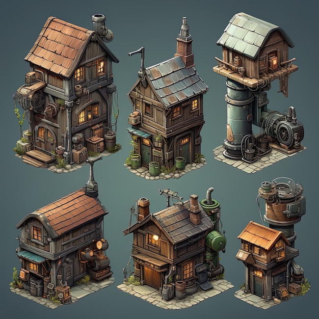 Photo isometric steampunk buildings