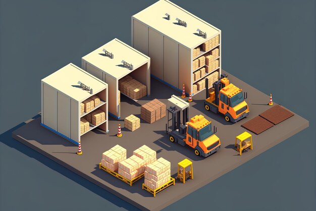 Photo isometric storage facility with delivery vehicles