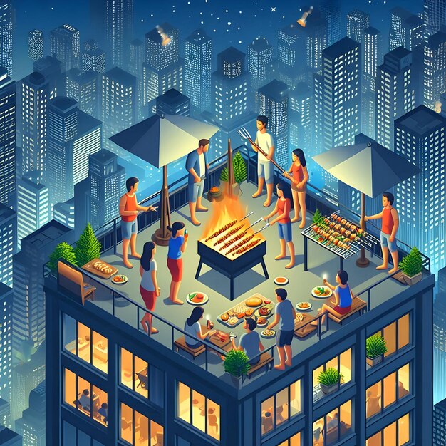 Photo isometric style of an urban rooftop grilling session where city dwellers come together atop a high