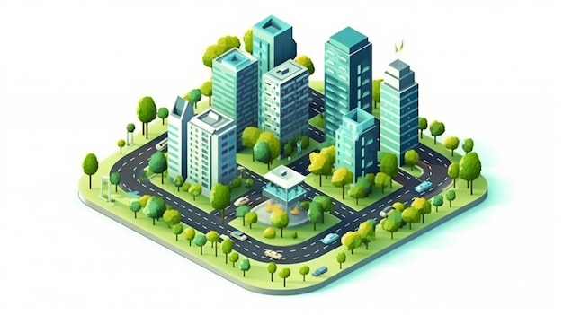 Isometric sustainable city with trees in white background Generative AI