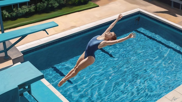 Isometric swimming pool with springboard and woman jumping