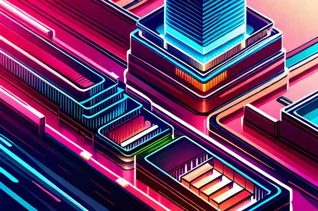 isometric synthwave digital city background