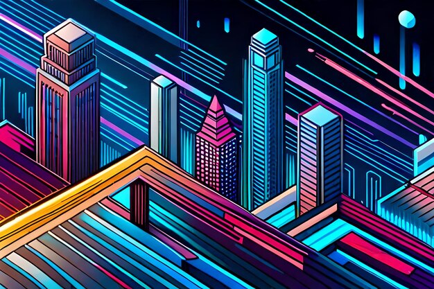 isometric synthwave digital city background