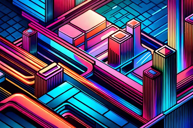 isometric synthwave digital city background