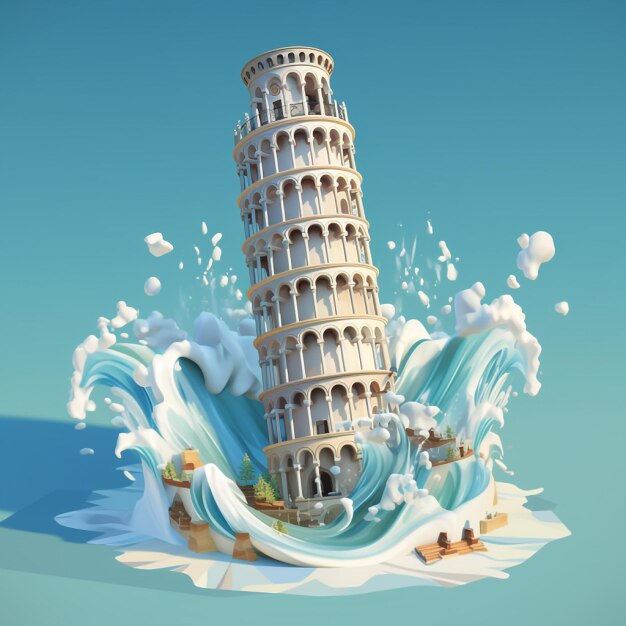 Photo isometric tower of pisa in the waves