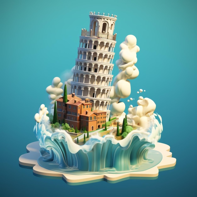 Photo isometric tower of pisa in the waves