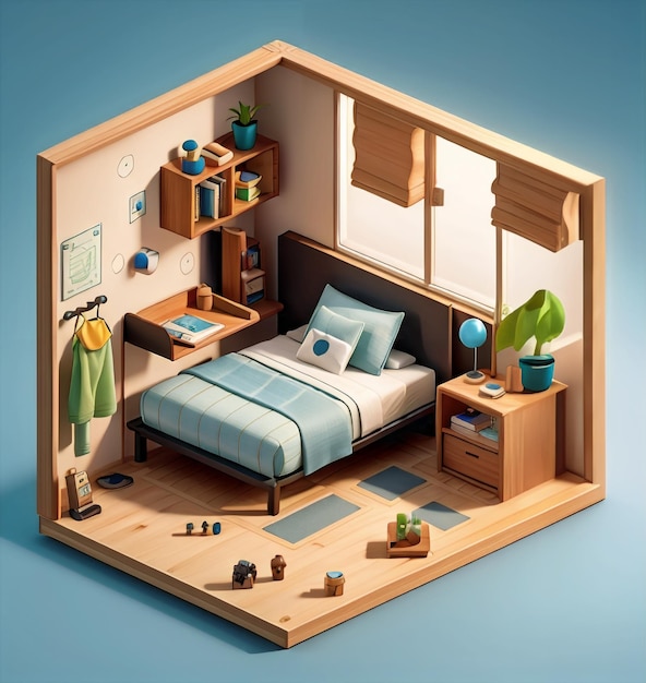 Photo isometric view of 3d cube bedroom interior