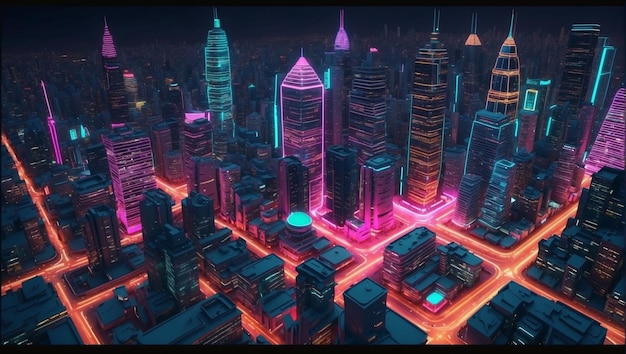 Photo isometric view on 3d rendering of neon city