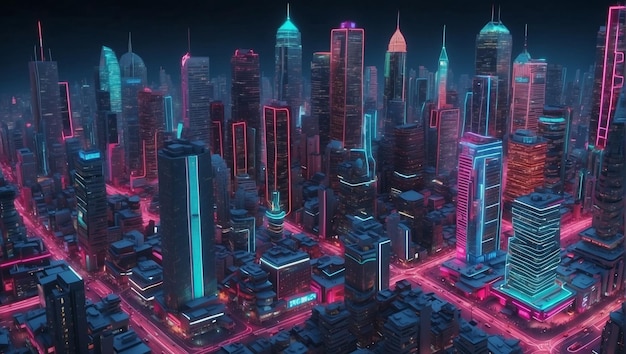 Isometric view on 3d rendering of neon city