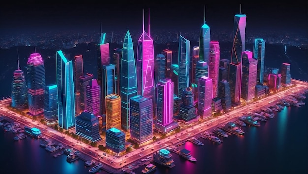 Isometric view on 3d rendering of neon city