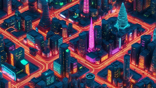 Isometric view on 3d rendering of neon city