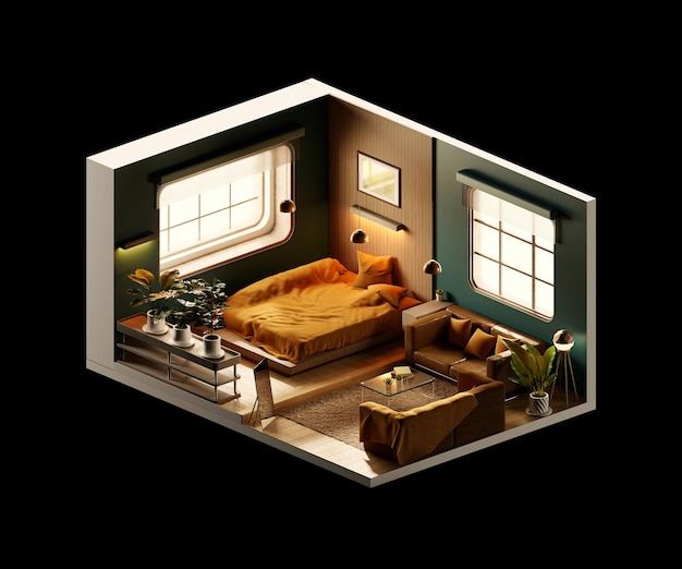 Isometric view bed room vintage style open inside interior architecture 3d rendering digital art