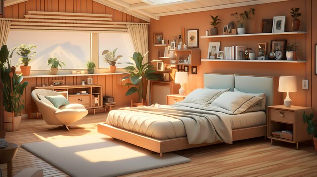 Photo isometric view of a bedroom illustration brown and cream color flat design