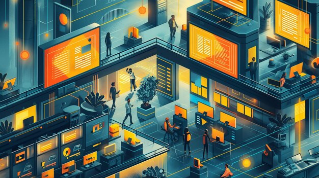 Isometric View of Busy Corporate Office Life Generative AI