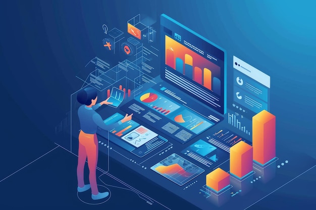 isometric view Digital marketing Data analysis insight report search engine and data science on social network AI generated