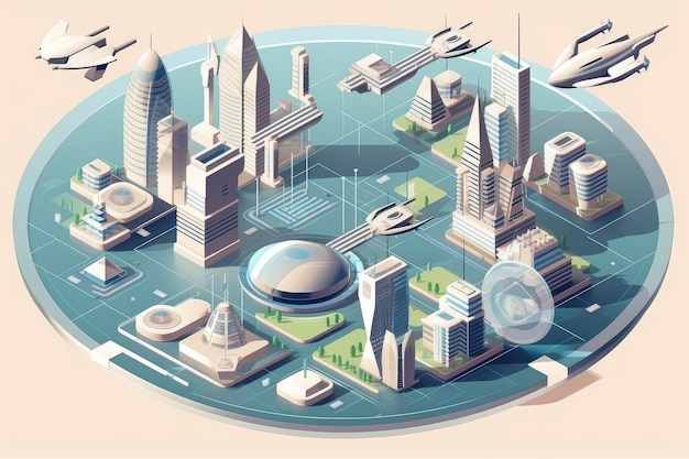 生成 AI で作成された空飛ぶ車と浮かぶ建物のある未来都市の等角図