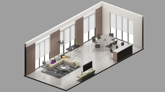 Isometric view of a living room and diningresidential area 3d rendering