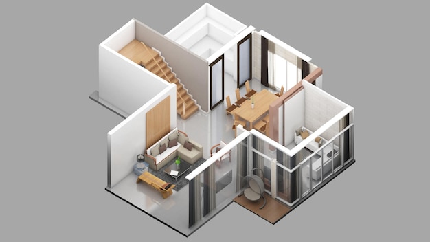 Isometric view of a living room and diningresidential area 3d rendering