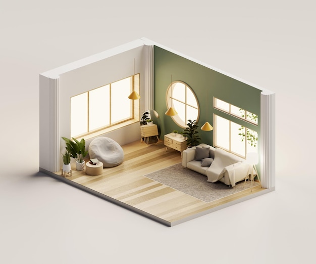 Изометрический вид гостиной в стиле муджи с открытой внутренней архитектурой 3d рендеринга цифрового искусства