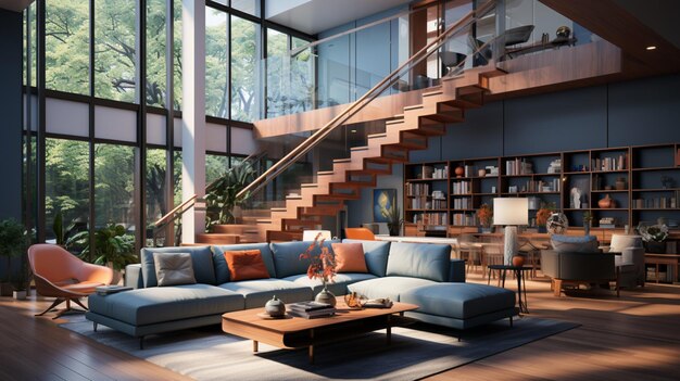 Isometric view living room open inside interior design 3d rendering