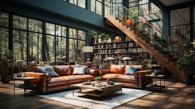 Isometric view living room open inside interior design 3d rendering